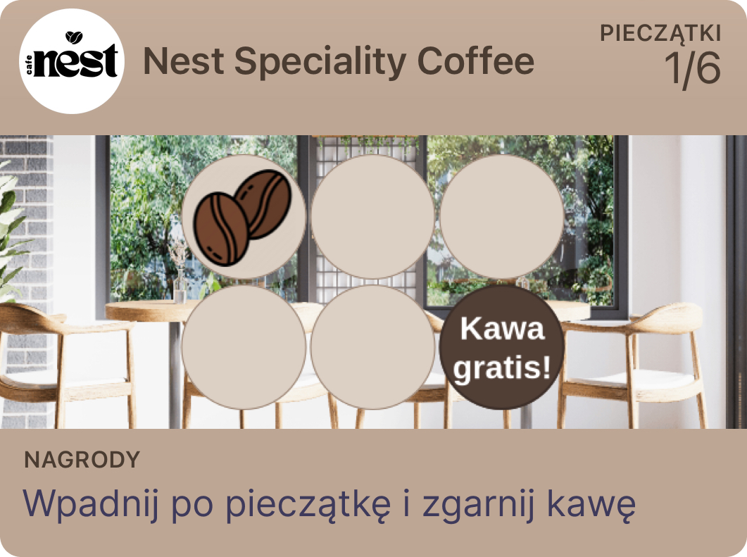 Specialty coffee loyalty card — 6 stamps for a free coffee (Nest Speciality Coffee example)