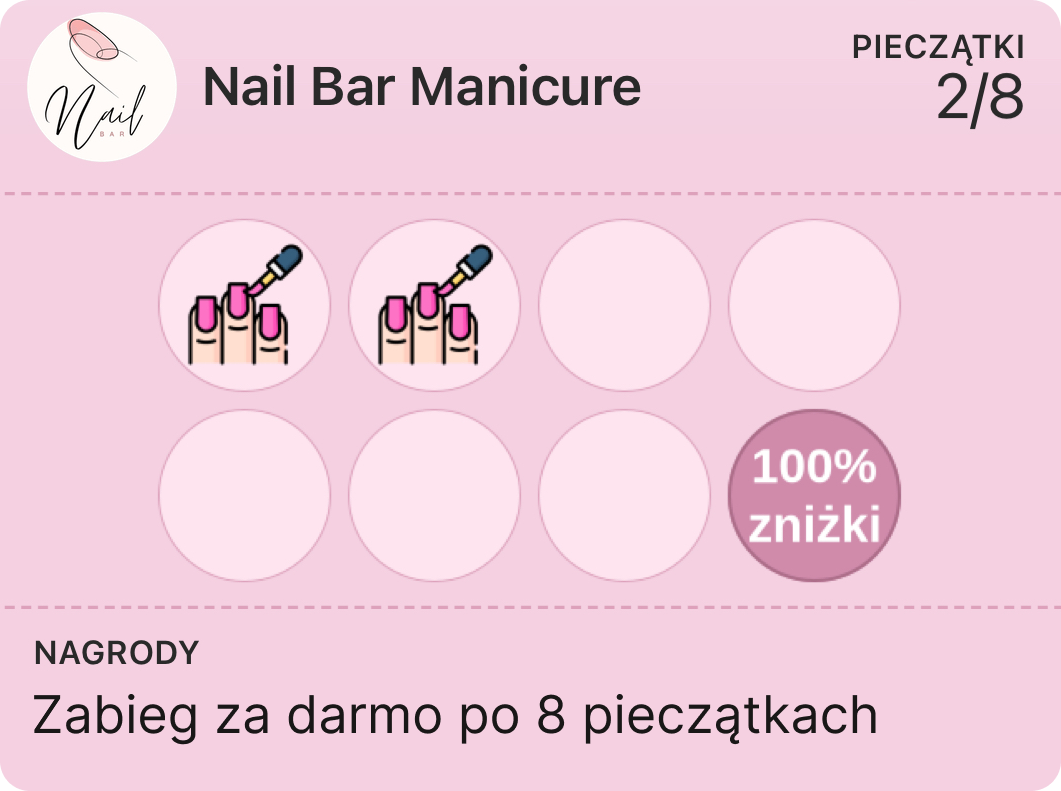 Nail salon punch card — 8 stamps for a free treatment (Nail Bar Manicure example)