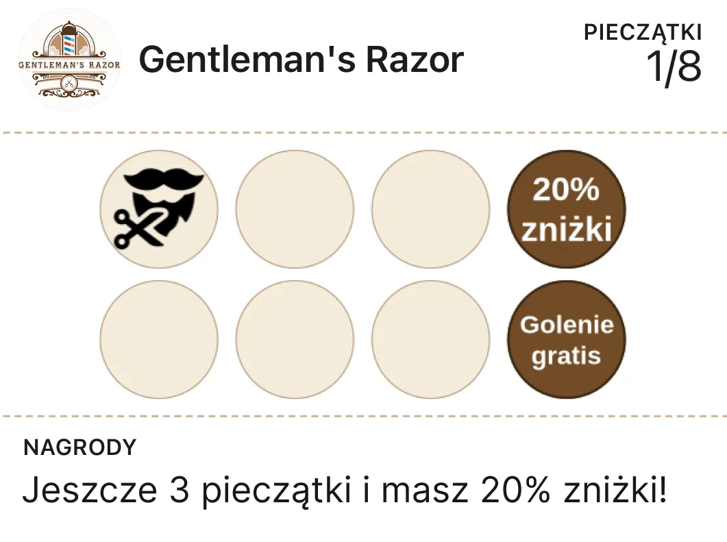 Punch card idea for a barbershop — 8 cuts with a free shave reward (Gentleman's Razor example)