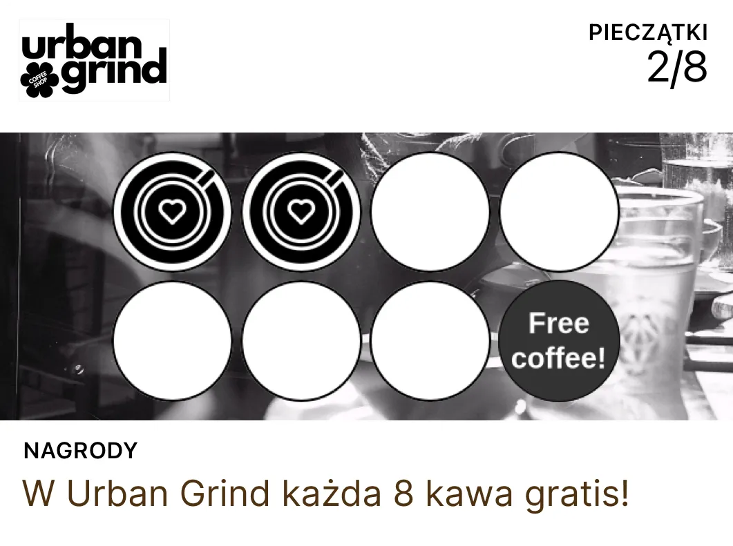 Punch card idea for a coffee shop — 8 stamps for a free coffee (Urban Grind example)