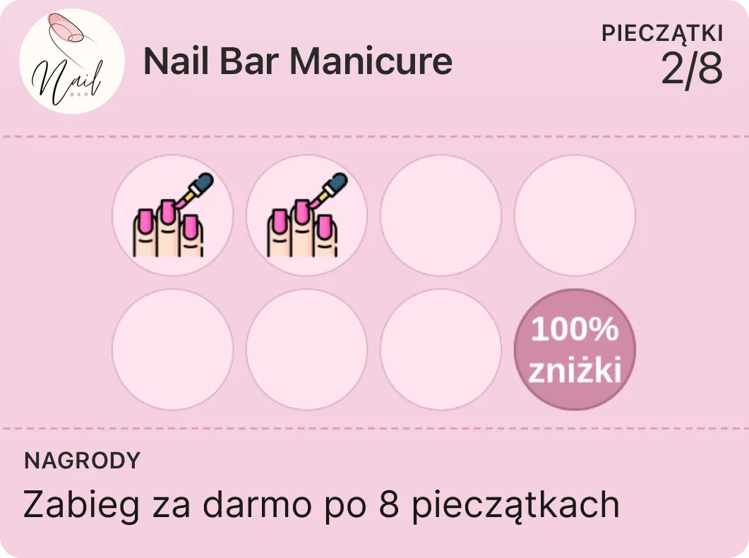 Punch card idea for a nail salon — 8 stamps for a free treatment (Nail Bar Manicure example)