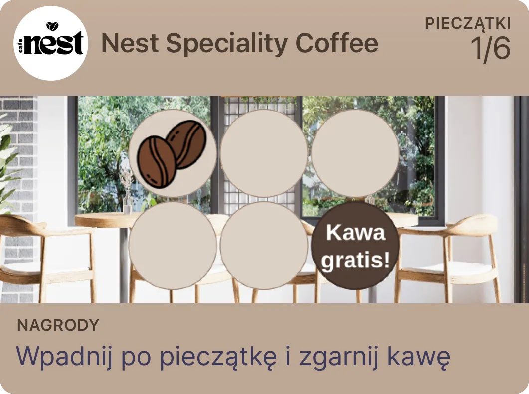 Punch card idea for specialty coffee — 6 stamps for a free coffee (Nest Speciality Coffee example)