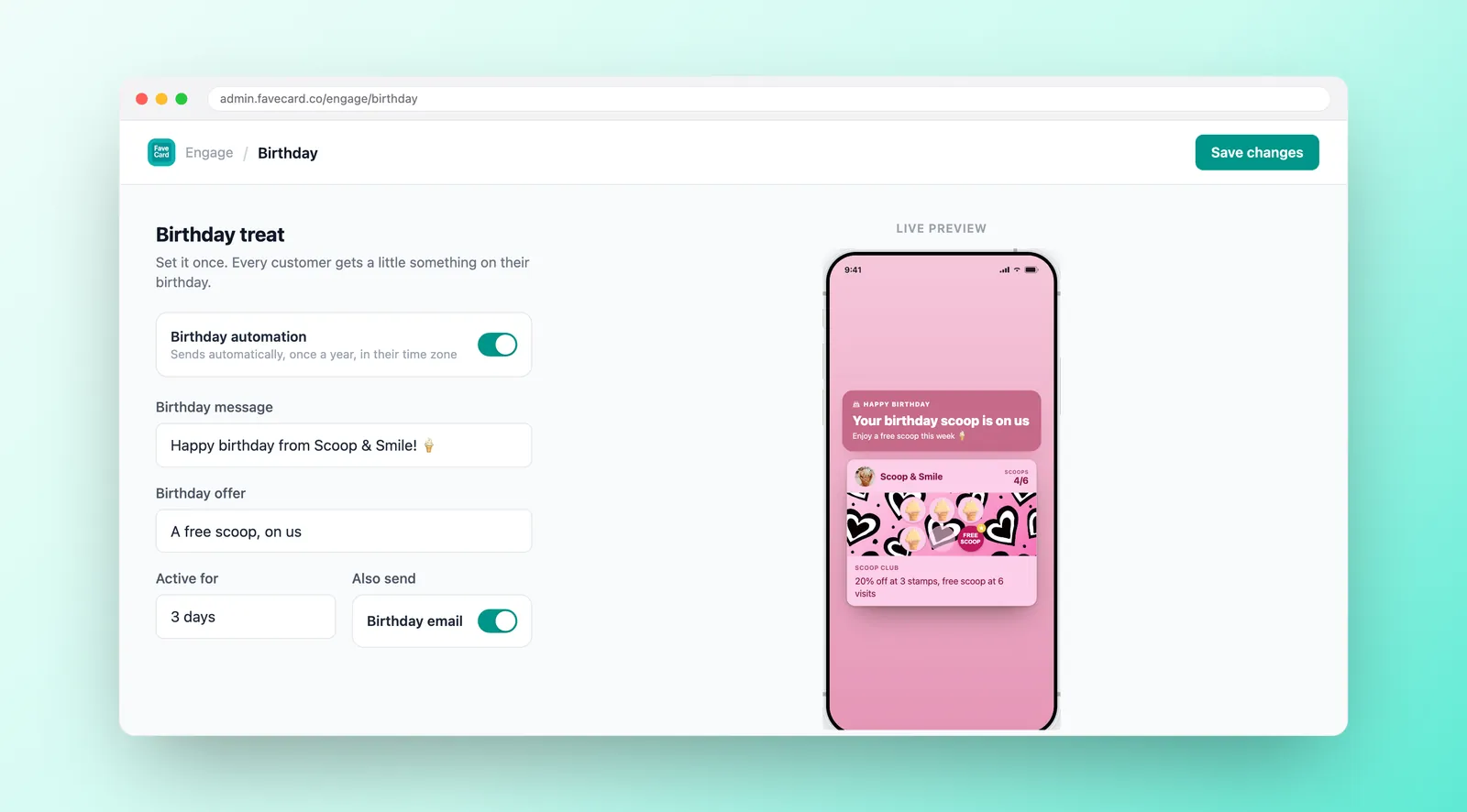 FaveCard Birthday Automation config: birthday message and offer fields, active-window setting, optional birthday email toggle, and a live birthday-card preview.