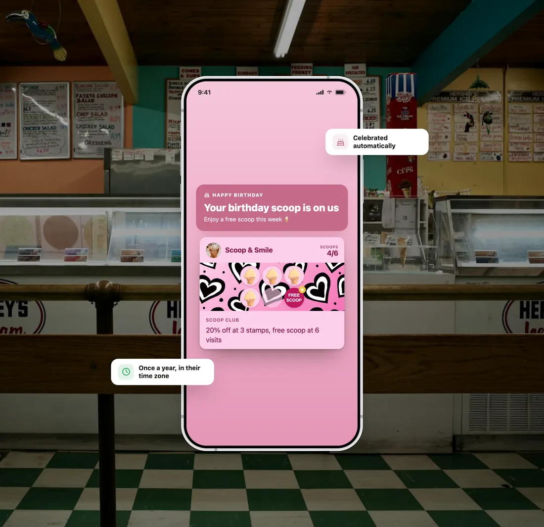 Birthday loyalty card for an ice-cream parlor with badges showing it is celebrated automatically and once a year in the customer's time zone.