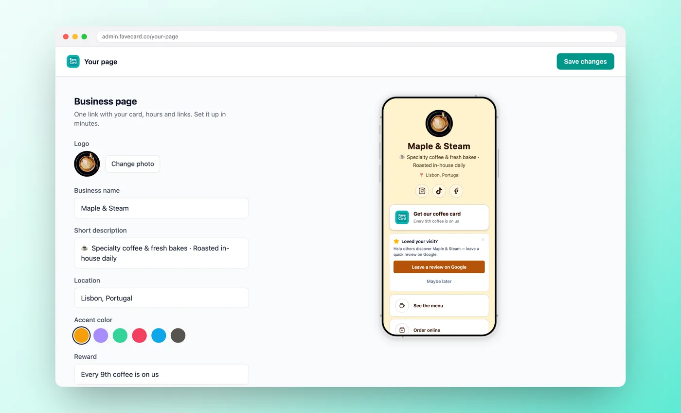 FaveCard Your page dashboard with the business page configuration panel and a live phone preview.
