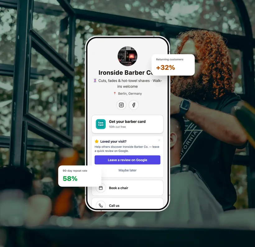 Illustrative FaveCard business page for a barbershop with example repeat-customer metrics.