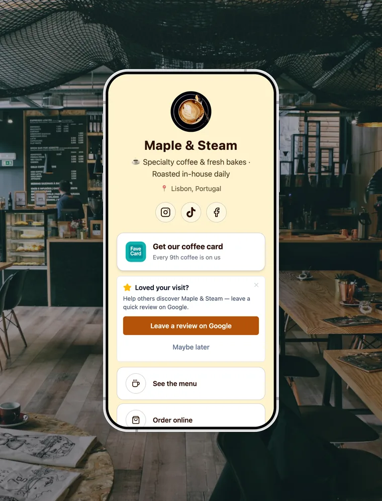FaveCard business page on a phone with a coffee shop loyalty card, a Google review card, and links.