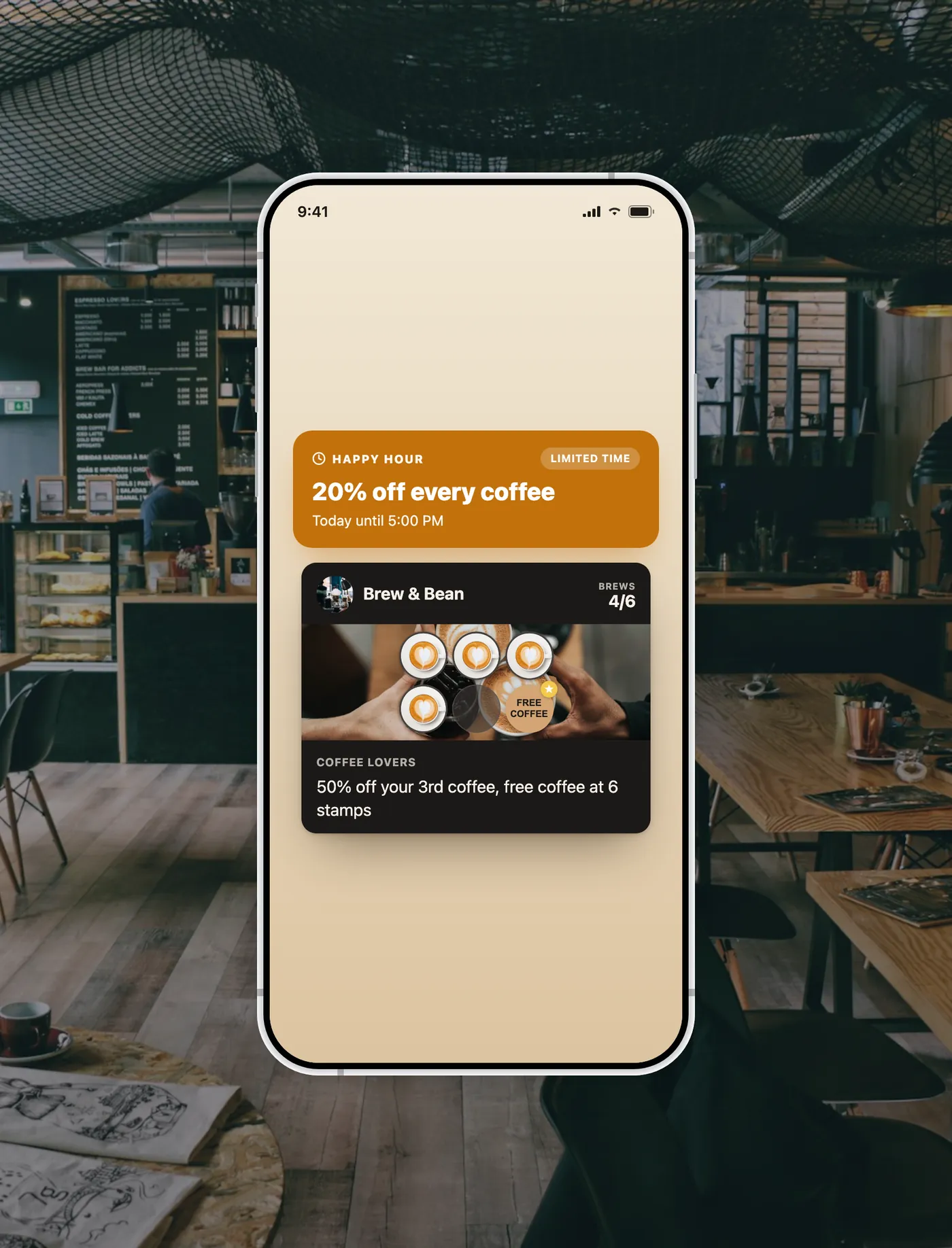 A FaveCard loyalty card on a phone showing a Happy Hour 20% off campaign at Brew & Bean cafe.