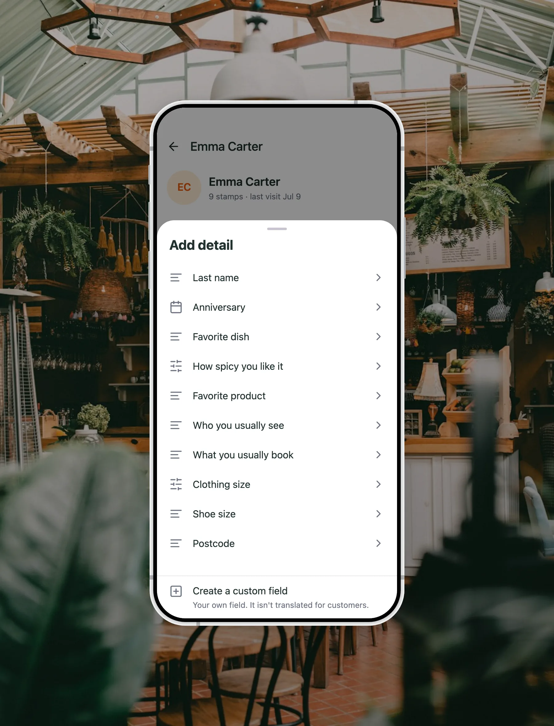 The Add detail sheet in the FaveCard app, with a list of details a member of staff can record for this customer