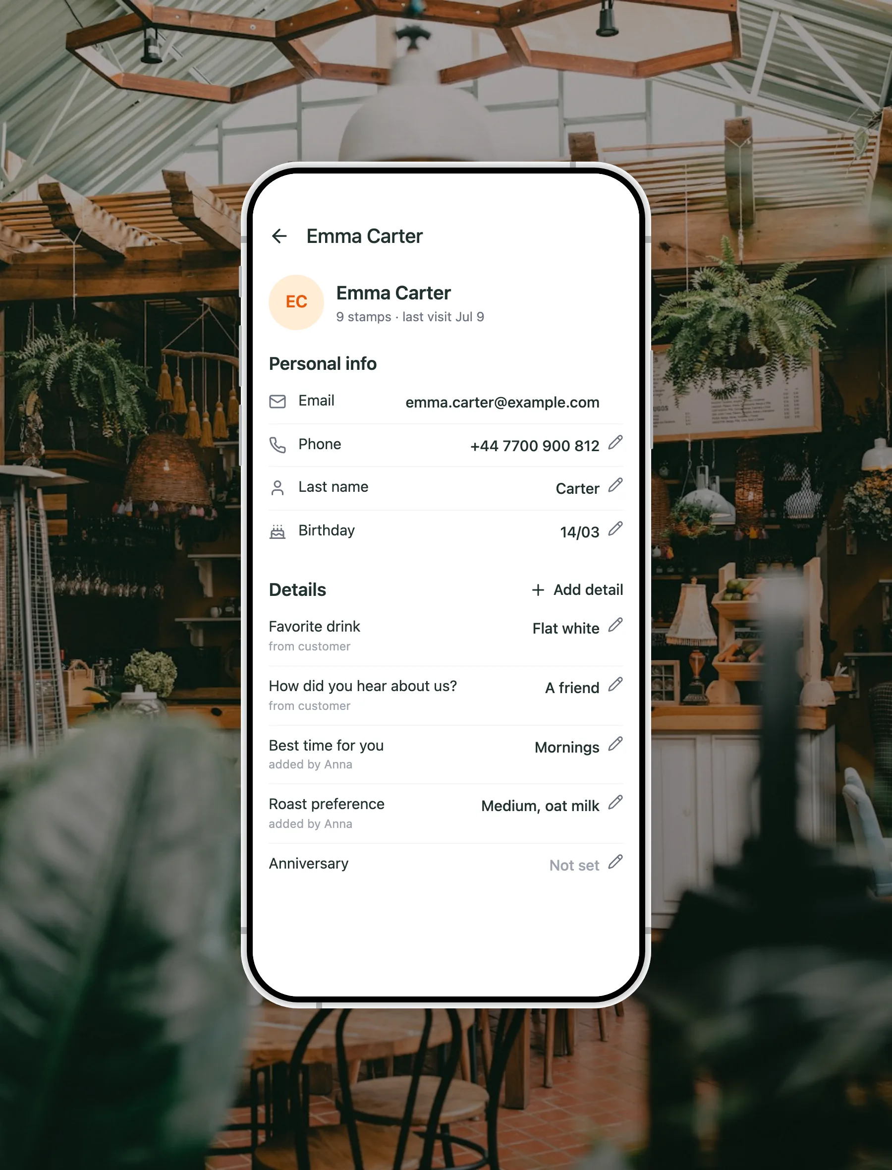 A customer open in the FaveCard app: nine stamps, their contact details, and a Details list showing their favourite drink, how they heard about the shop and the best time for them, each labelled with whether the customer gave it or a member of staff added it