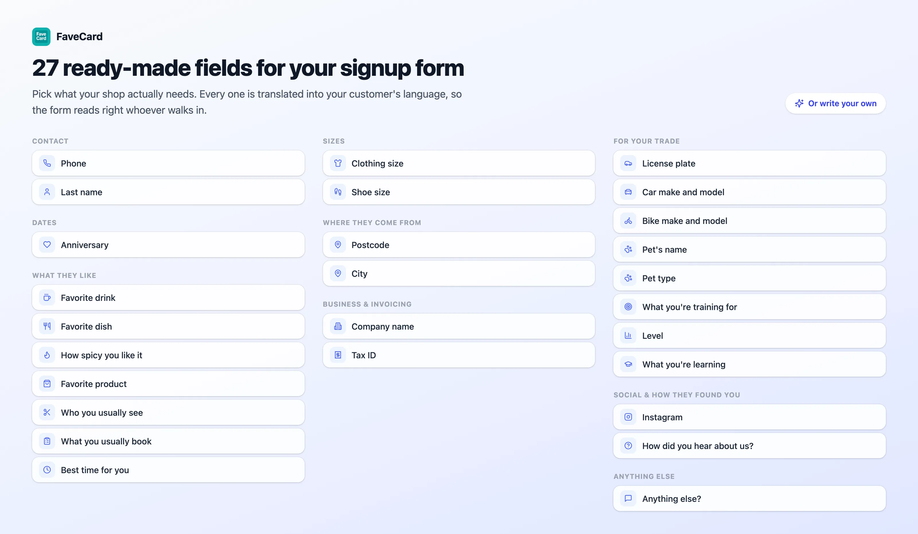All 27 ready-made FaveCard signup questions on a single chart, grouped by contact, dates, what they like, sizes, where they come from, business and invoicing, questions for your trade, social and how they found you, and anything else.