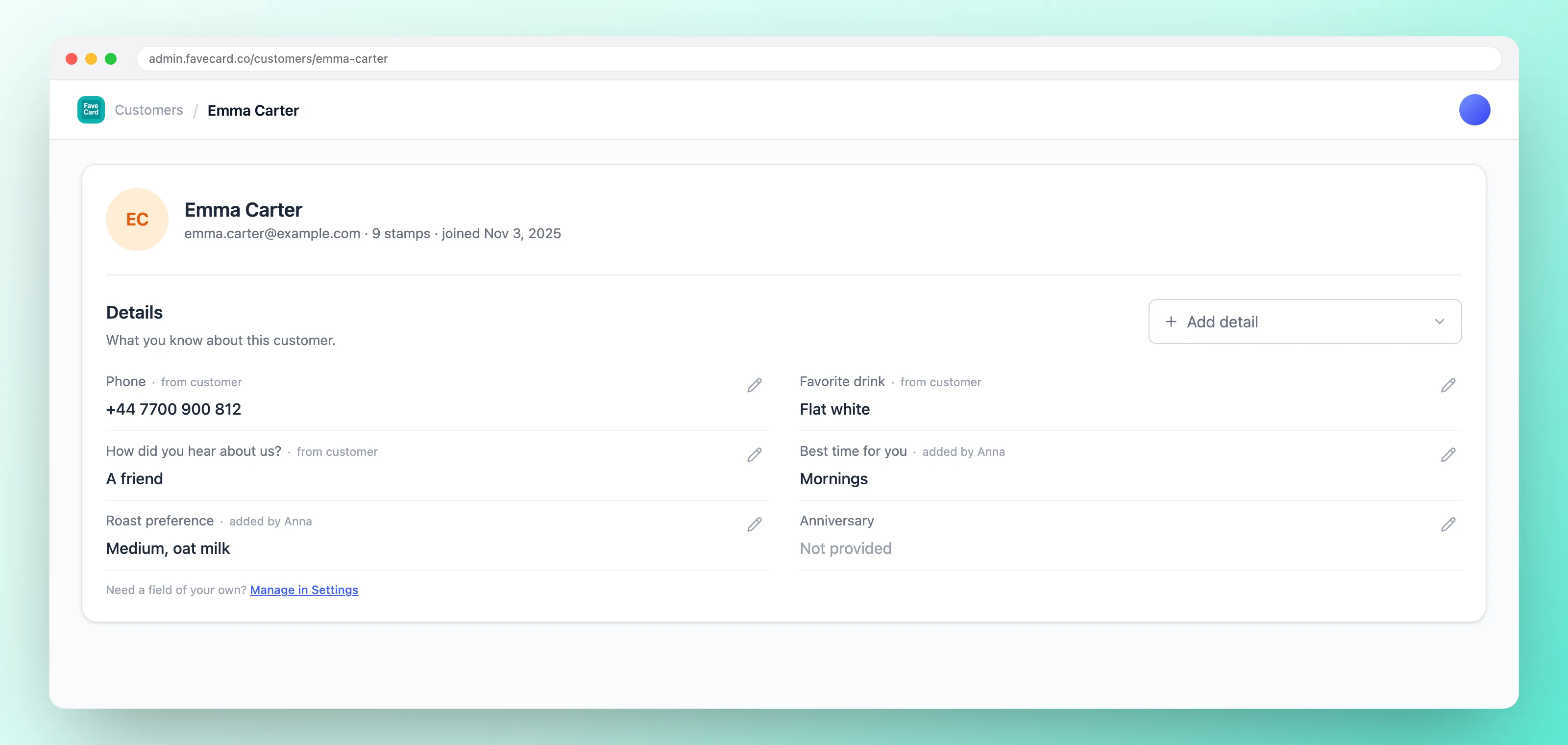 A customer profile in the FaveCard dashboard. In the Details card, every answer carries the question it belongs to and a note of where it came from, given by the customer or added by Anna, and one question has been left unanswered.