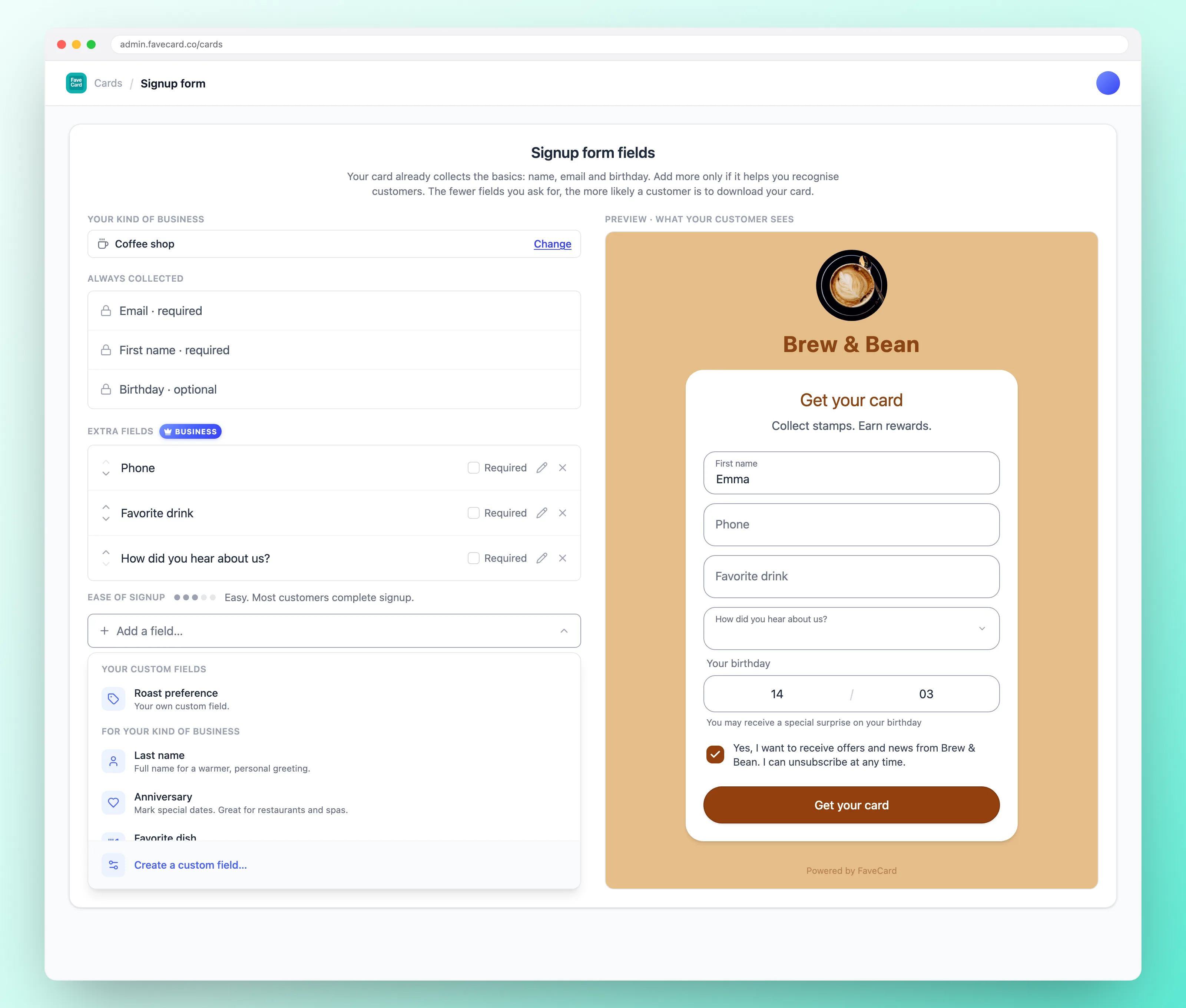 The FaveCard signup form editor with the question picker open, showing the questions suggested for this kind of business above the rest of the catalogue