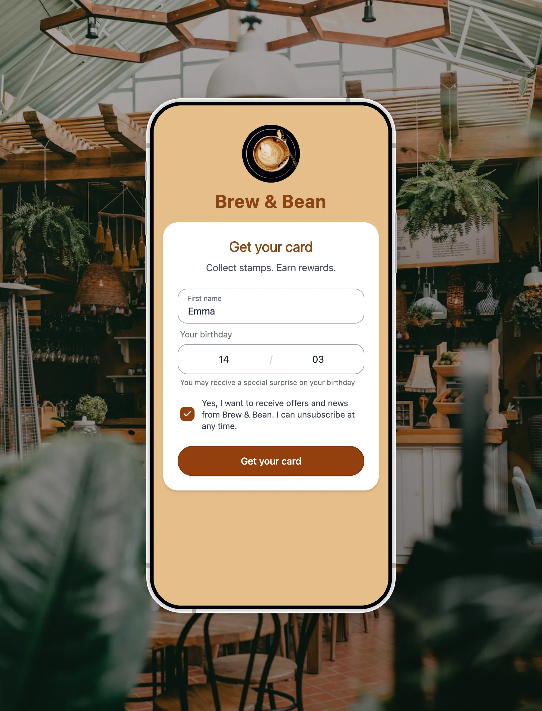 The signup form of the example coffee shop Brew & Bean on a customer's phone, with the bare basics: first name, birthday, a ticked marketing-consent box and the button to get the card.