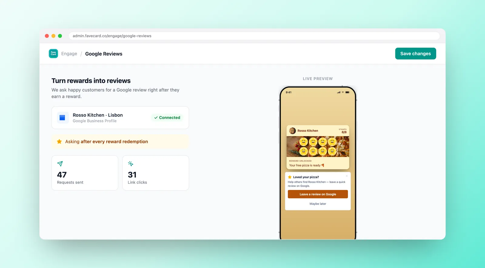 FaveCard Google Reviews setup: a connected Google Business Profile, asking after every reward redemption, with Requests sent and Link clicks stats and a live card preview.