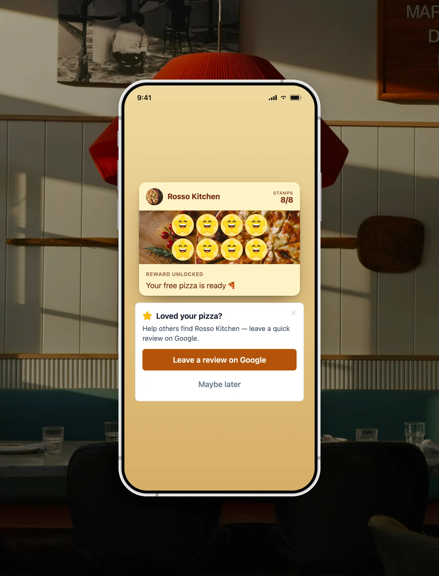 A FaveCard loyalty card on a phone at Rosso Kitchen showing a reward unlocked and a one-tap Leave a review on Google prompt.