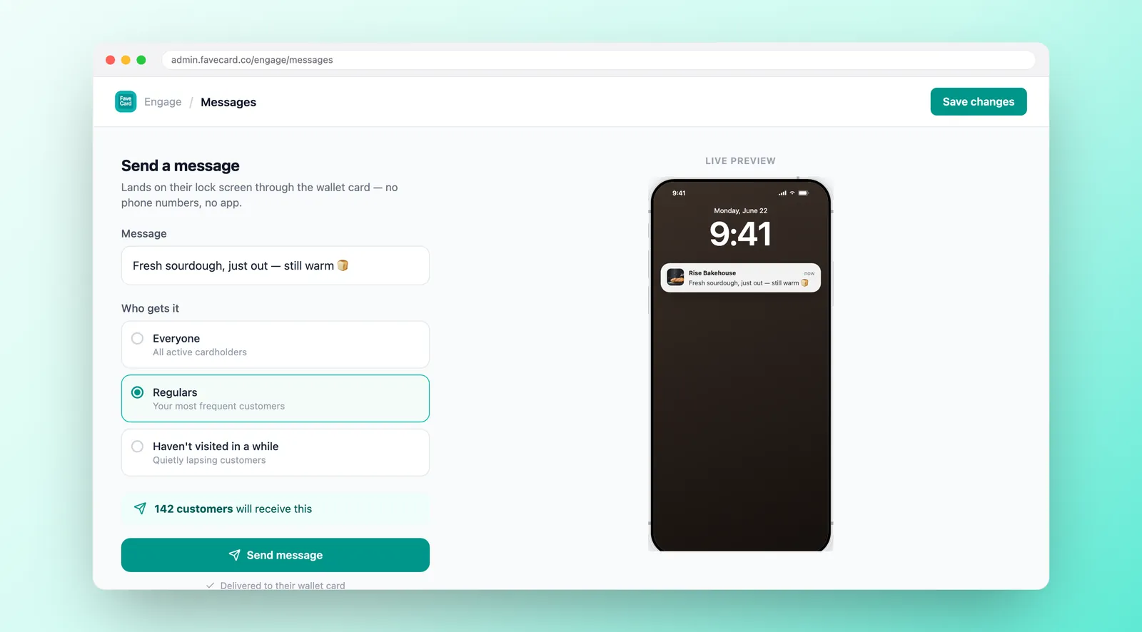 FaveCard message composer with audience selection, recipient count and a live lock-screen preview.