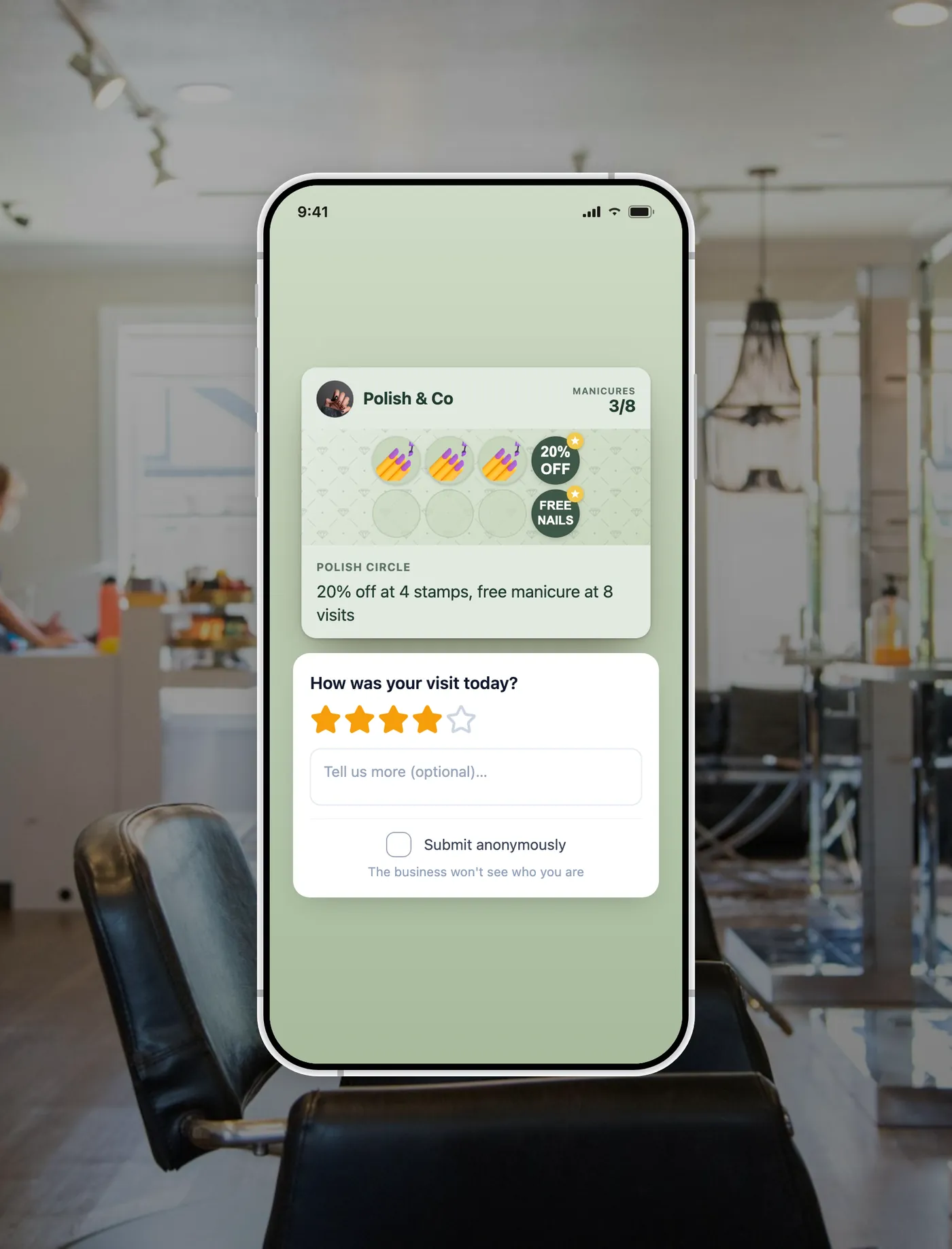 Loyalty-card survey open-text step with four stars selected, an optional comment field, and an optional anonymous submission toggle.