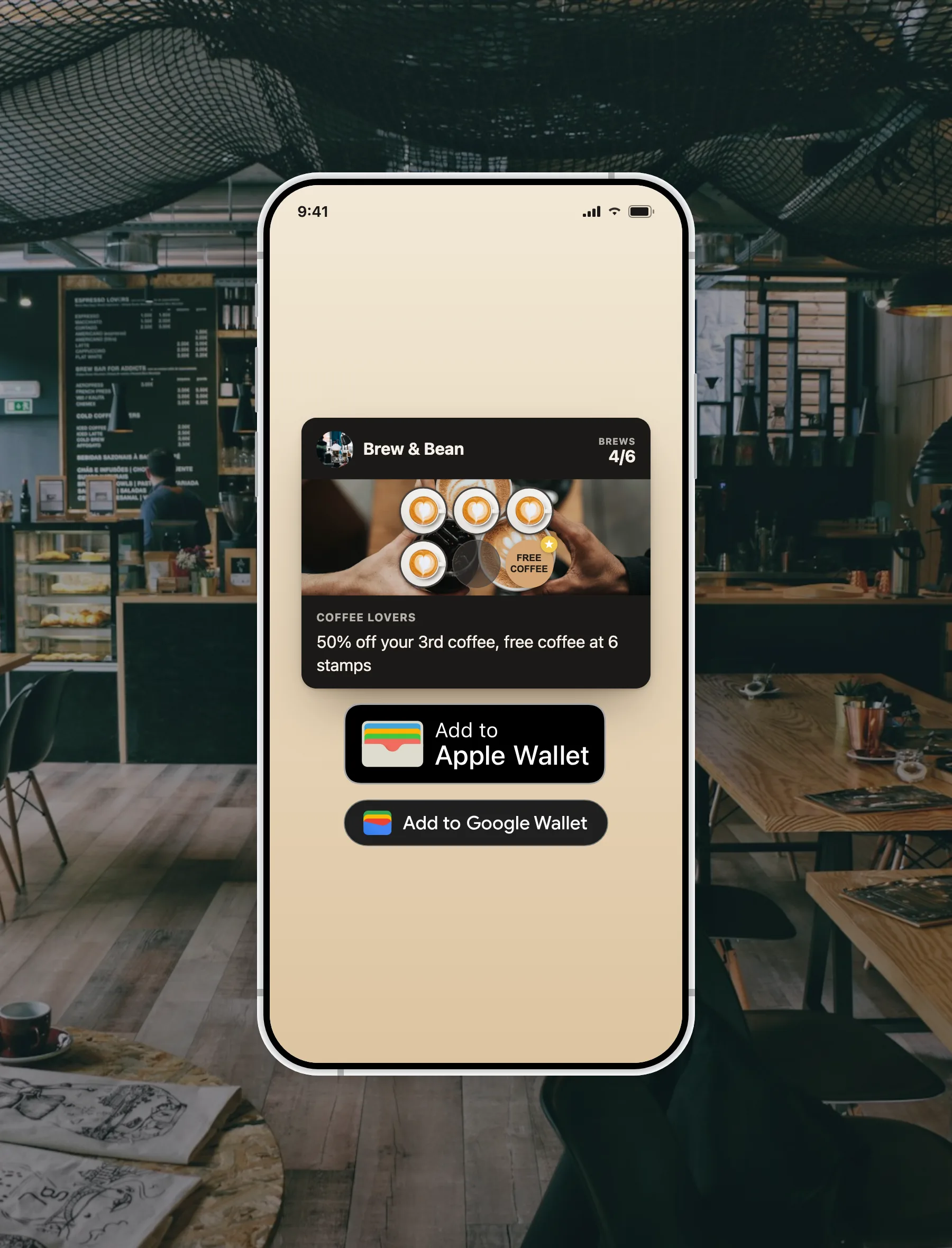 FaveCard digital coffee shop loyalty card shown on a phone in a café, with Add to Apple Wallet and Add to Google Wallet buttons and a stamp card at 4 of 6 coffees toward a free coffee