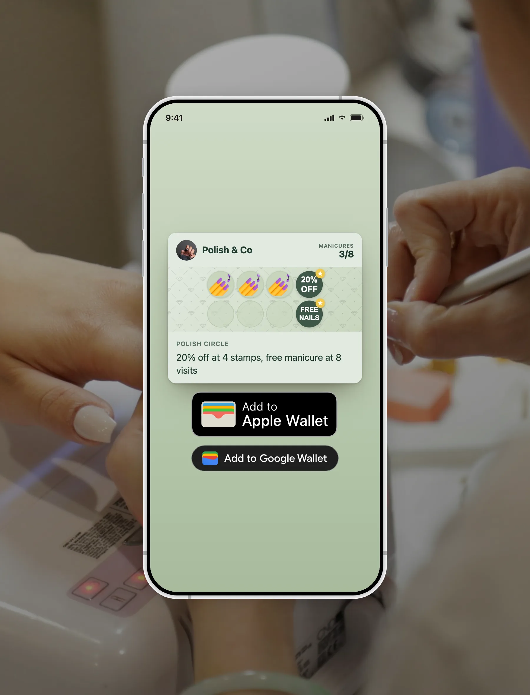 FaveCard digital nail salon loyalty card shown on a phone at a nail salon, with Add to Apple Wallet and Add to Google Wallet buttons and a stamp card at 3 of 8 manicures toward a free manicure